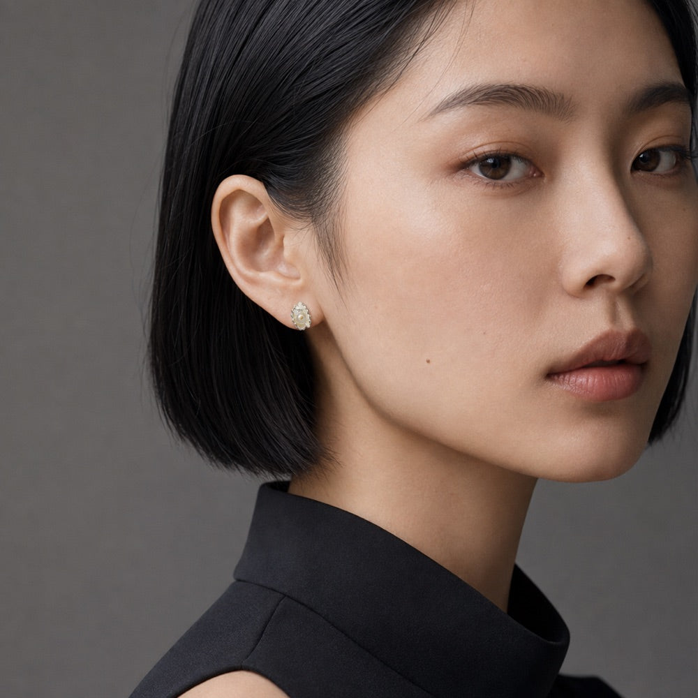 Shell Pearl & Zircon Drop Earrings — model view 2