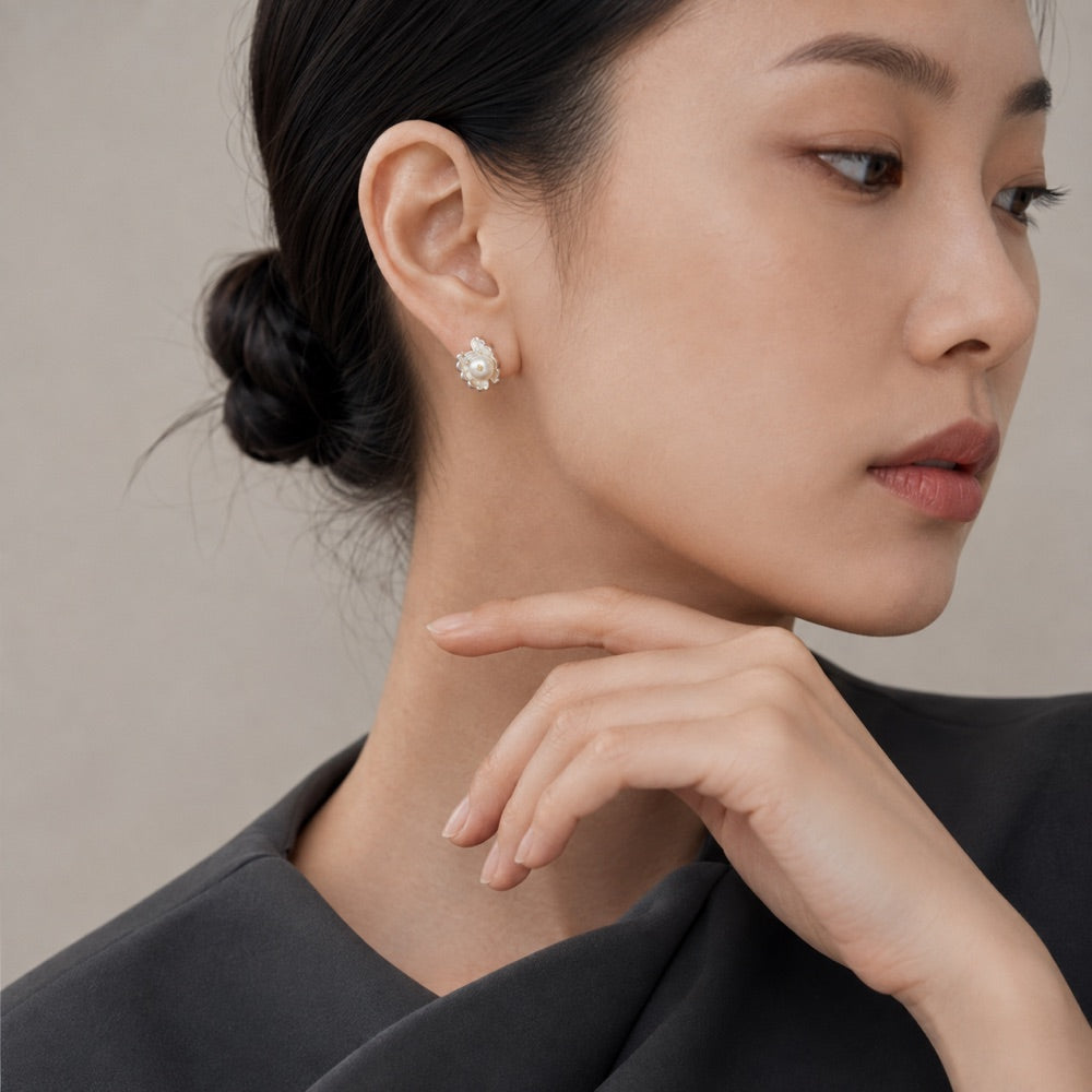 Shell Pearl & Zircon Drop Earrings — model view 3