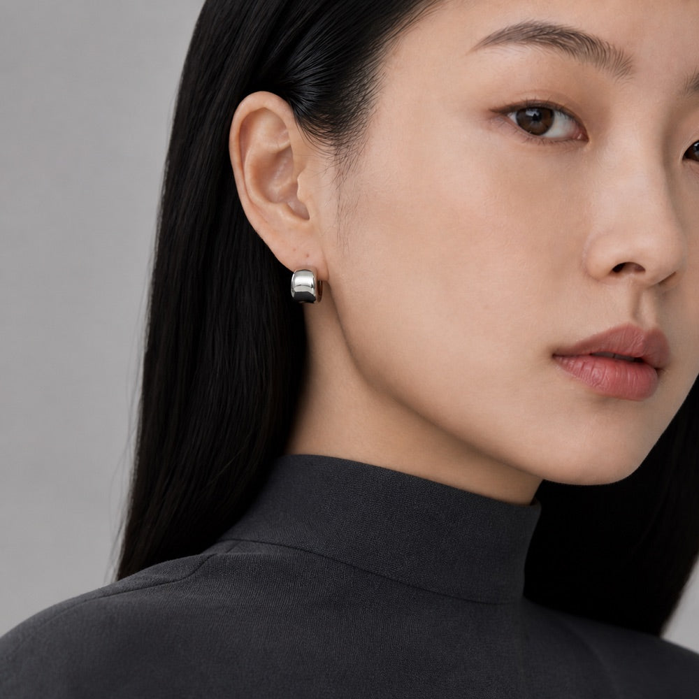 Sculpted Arc Stud Earrings — Silver — model view 1