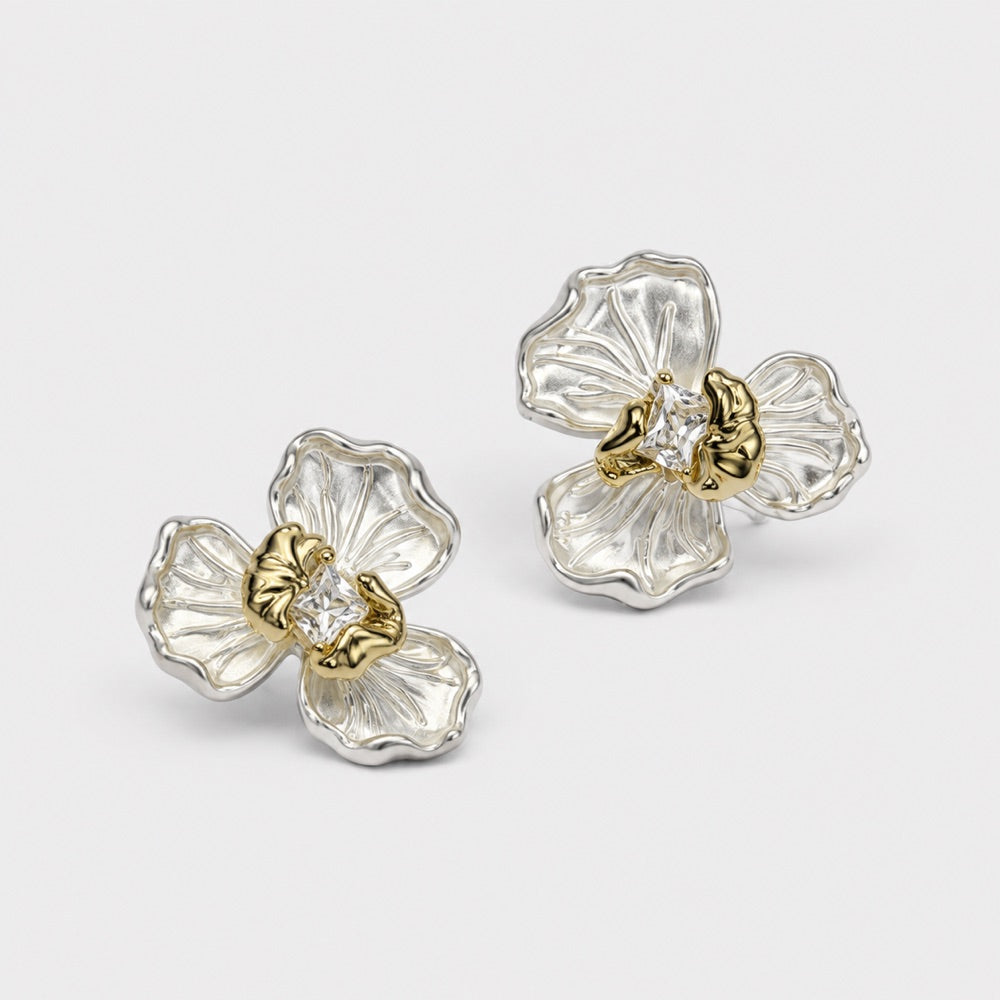 Silver Petal & Gold Core Flower Studs — alternate product view