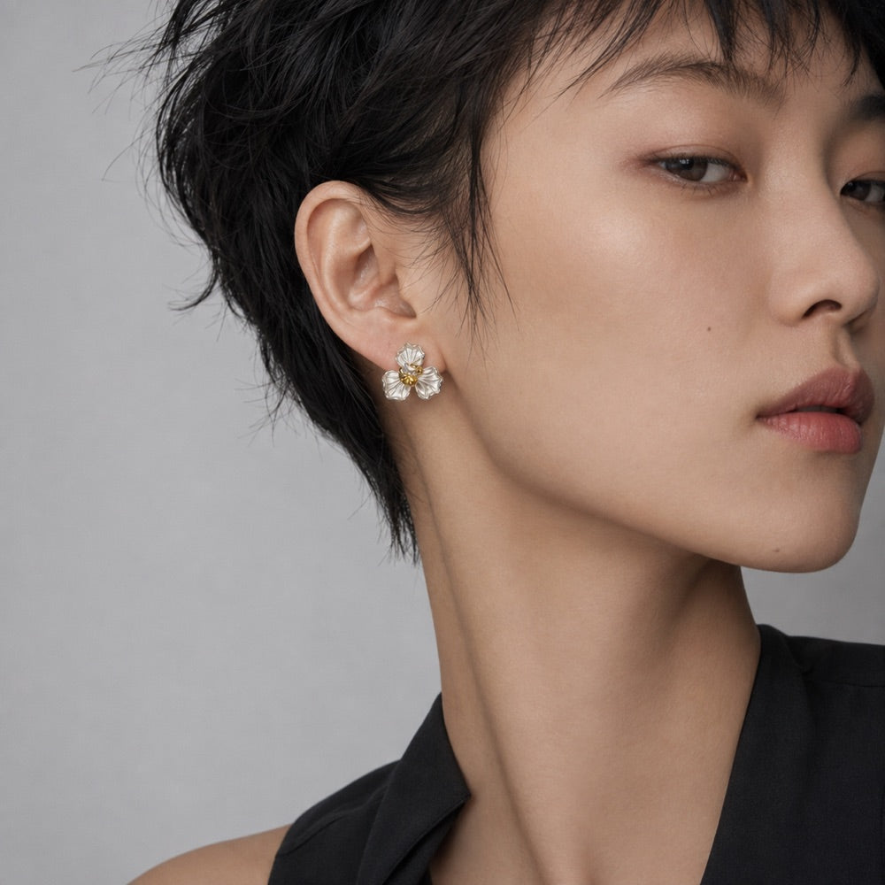 Silver Petal & Gold Core Flower Studs — model view 1