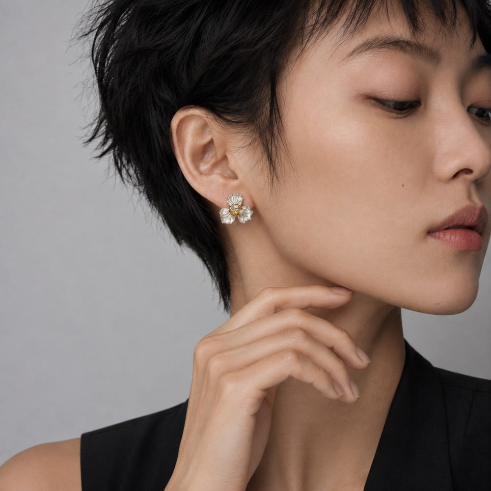Silver Petal & Gold Core Flower Studs — model view 3