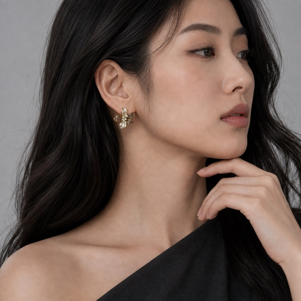 Smoky Pearl Bloom Studs — model view 3
