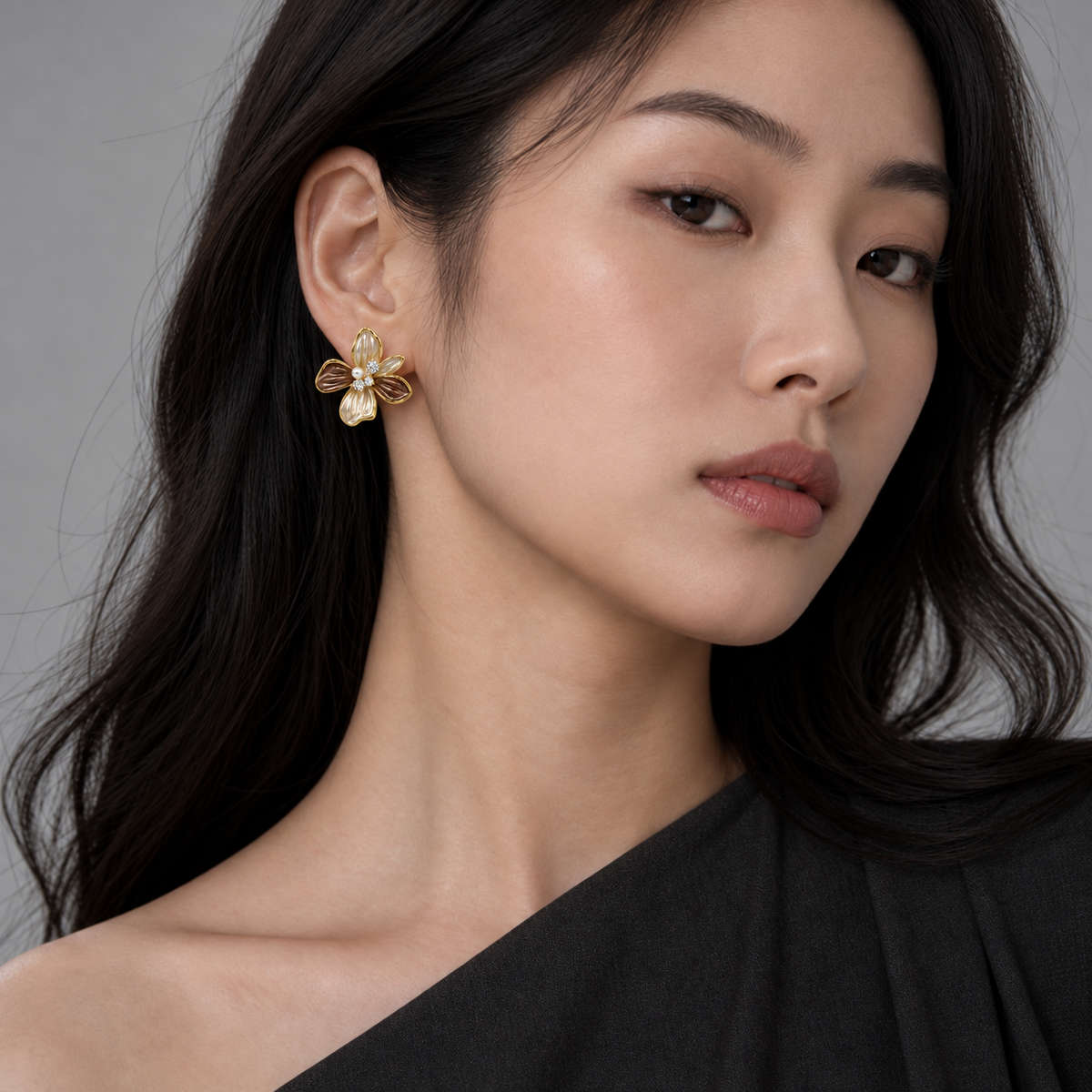 Smoky Bloom Studs — model wearing view 1