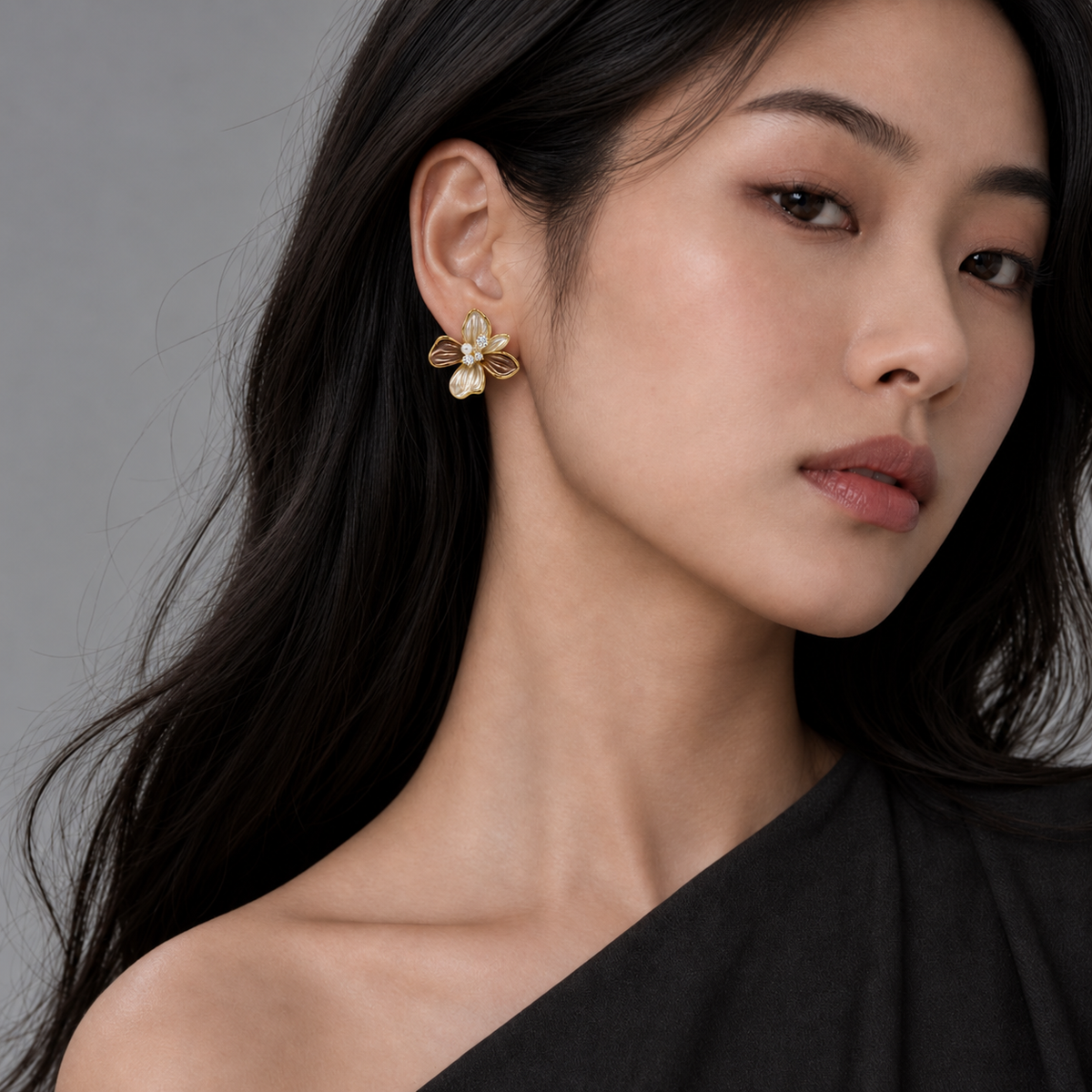 Smoky Bloom Studs — model wearing view 2