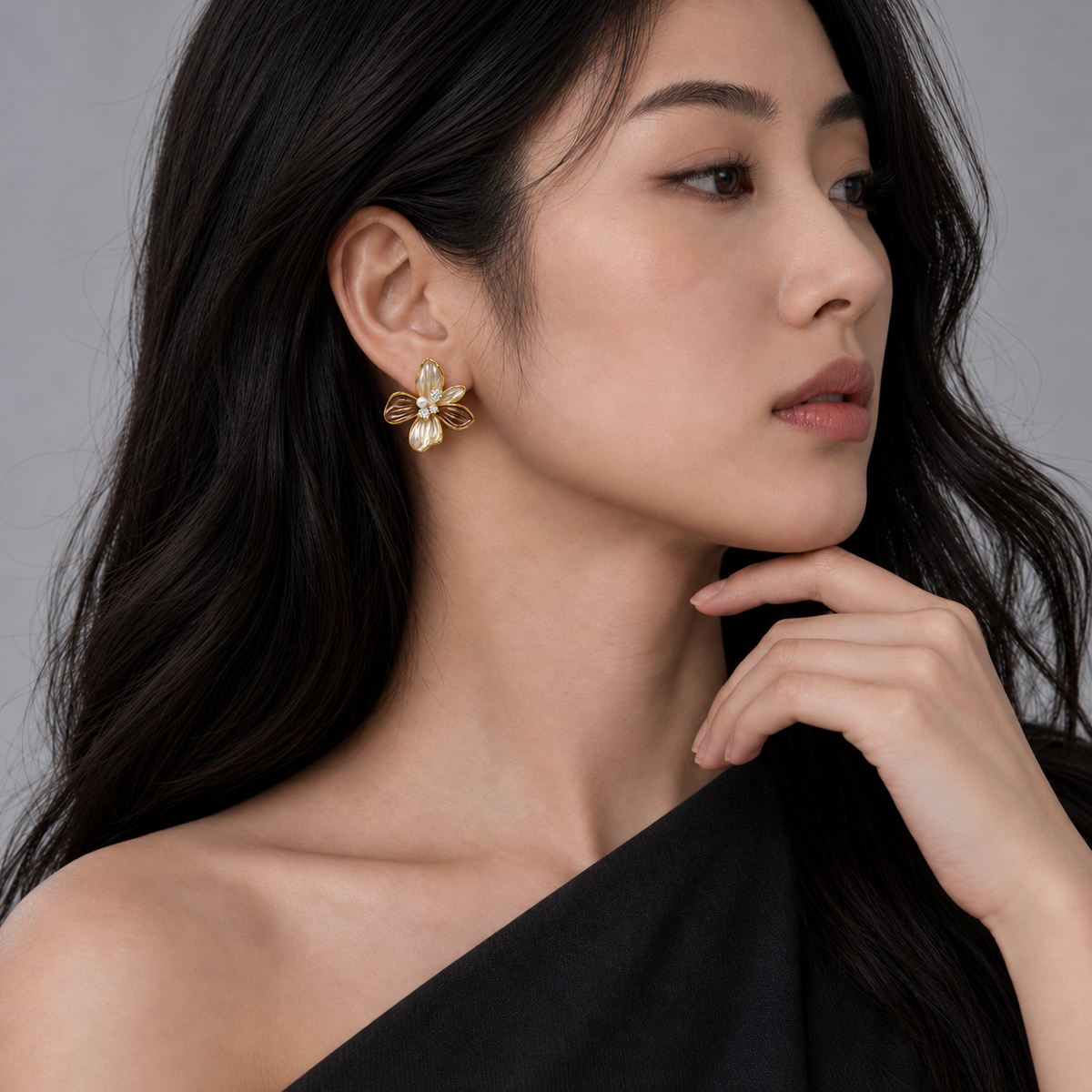 Smoky Bloom Studs — model wearing view 3