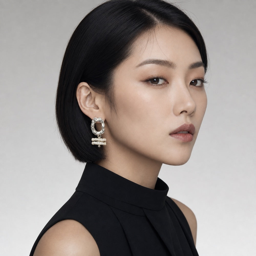 Baroque Pearl Asymmetric Earrings — model view 1