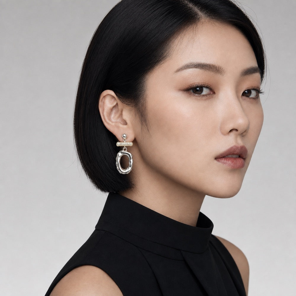 Baroque Pearl Asymmetric Earrings — model view 2
