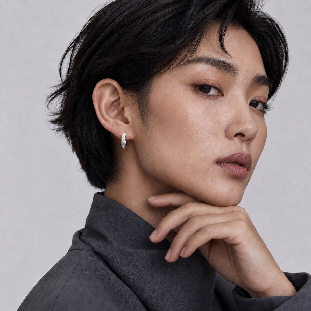 Textured Open-Circle Stud Earrings — model view 3