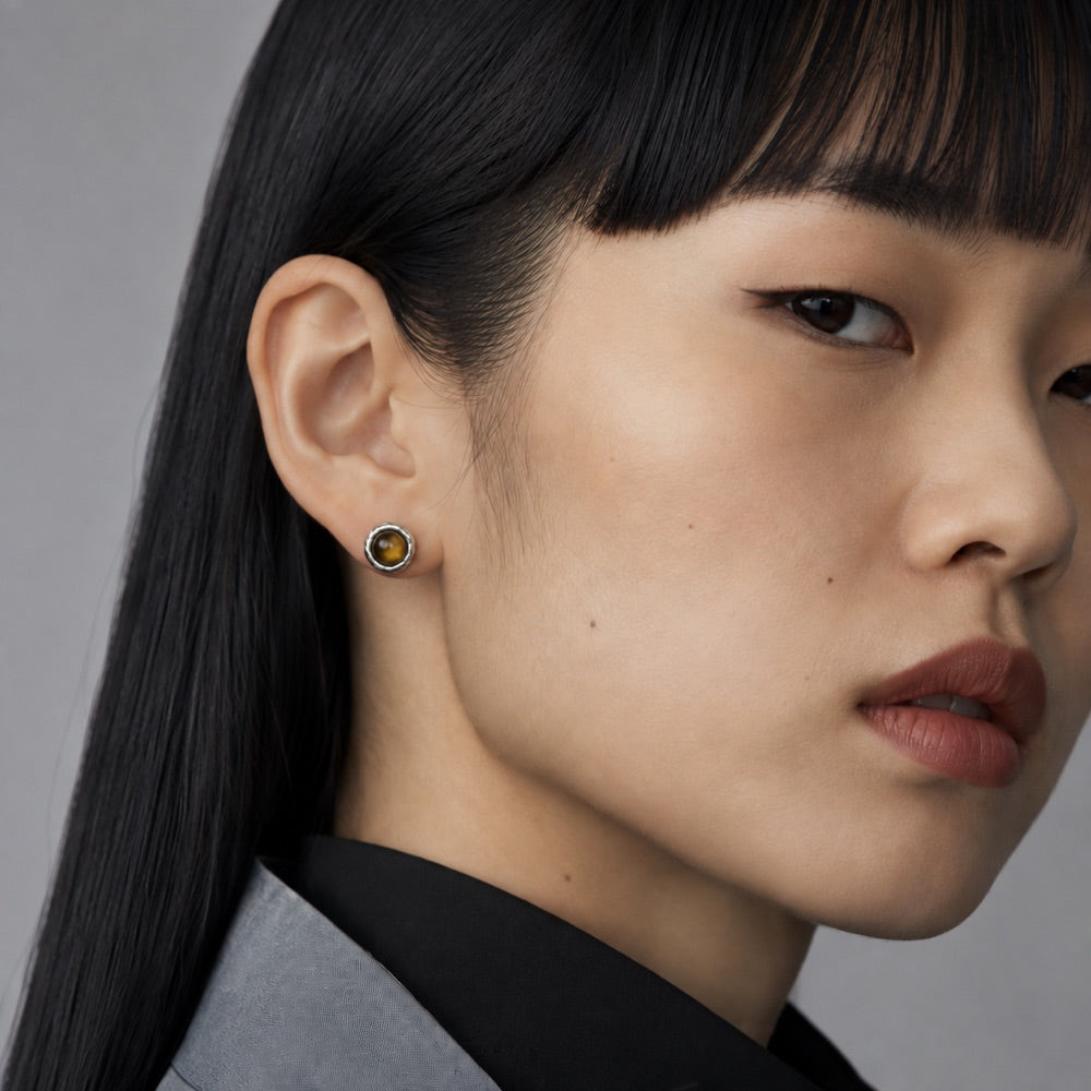 Tiger's Eye Lattice Stud Earrings — model view 2
