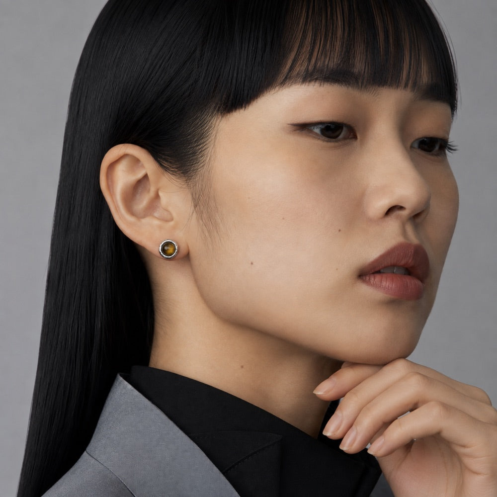 Tiger's Eye Lattice Stud Earrings — model view 3