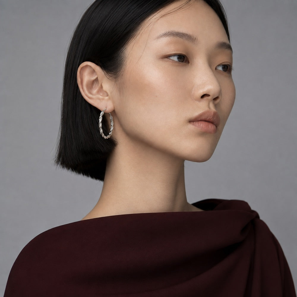 Woven Texture Hoop Earrings — model view 2