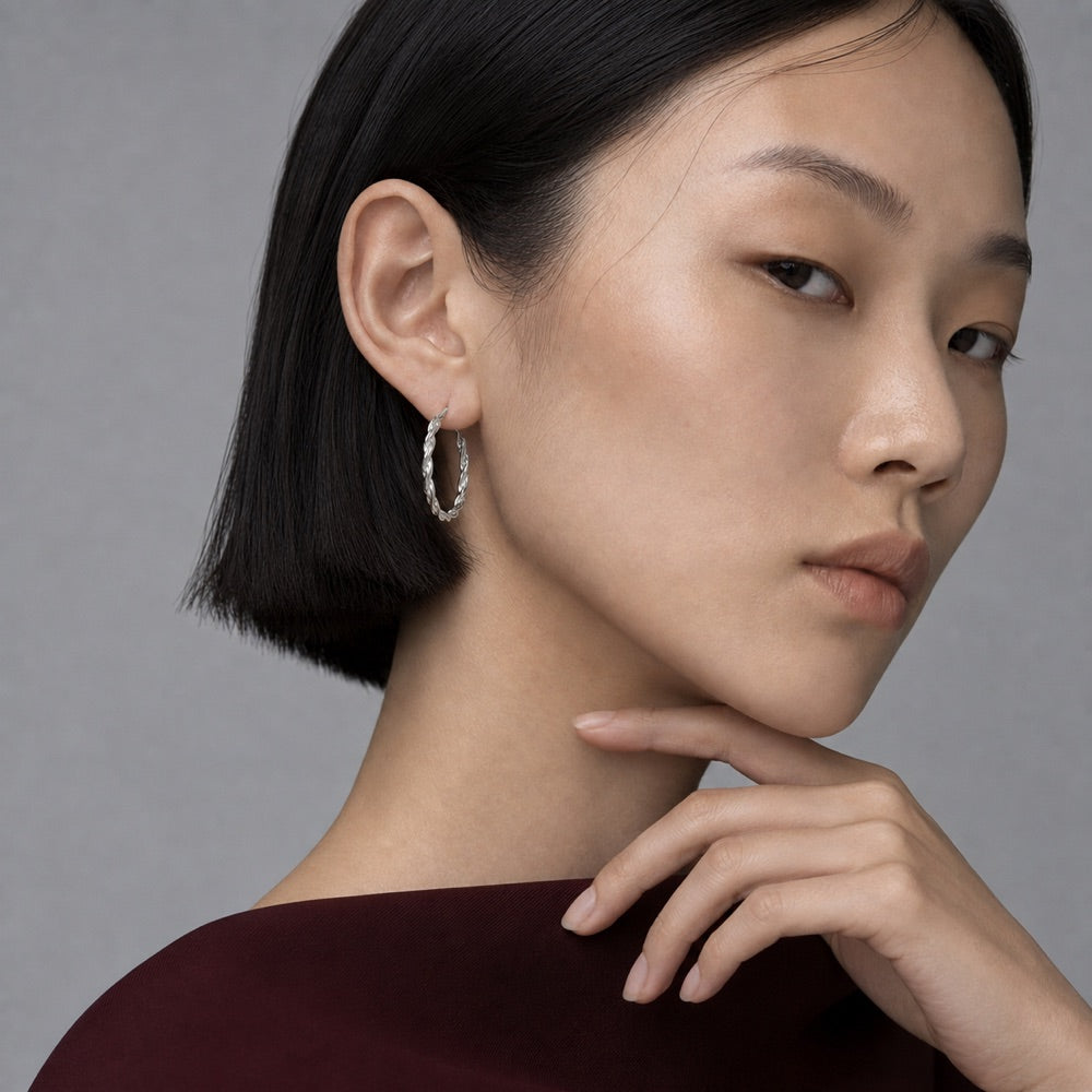 Woven Texture Hoop Earrings — model view 3