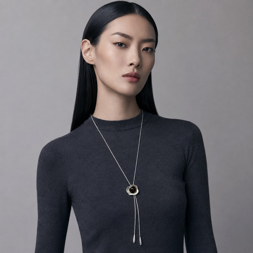 Adjustable Tiger's Eye Flower Lariat Necklace — model view 1