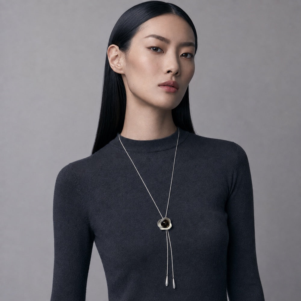Adjustable Tiger's Eye Flower Lariat Necklace — model view 2