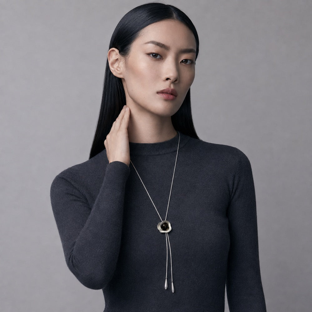 Adjustable Tiger's Eye Flower Lariat Necklace — model view 3