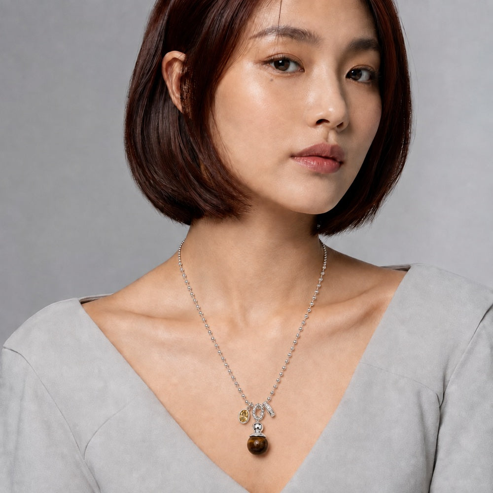 Tiger's Eye & Yellow Zircon Charm Necklace — model view 1