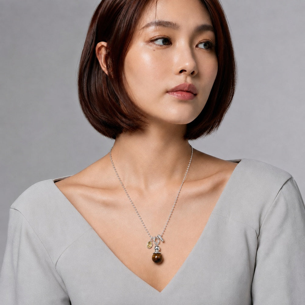Tiger's Eye & Yellow Zircon Charm Necklace — model view 2