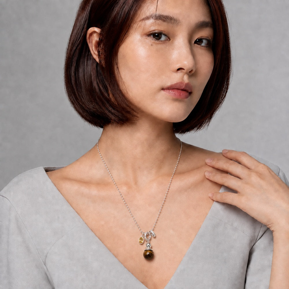Tiger's Eye & Yellow Zircon Charm Necklace — model view 3