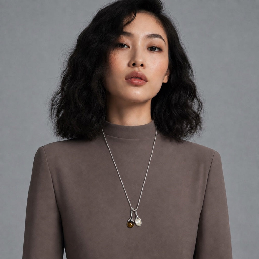 Adjustable Tiger's Eye & Mother-of-Pearl Lariat Necklace — model view 2