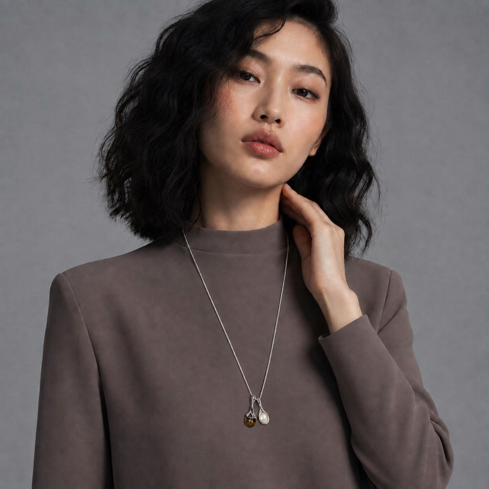 Adjustable Tiger's Eye & Mother-of-Pearl Lariat Necklace — model view 3