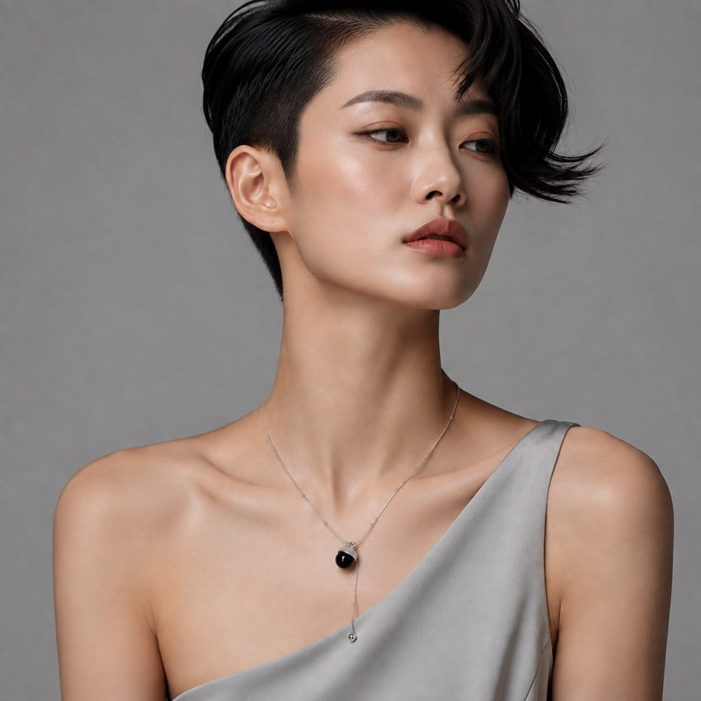 Brushed Metal & Black Onyx Necklace — model view 2