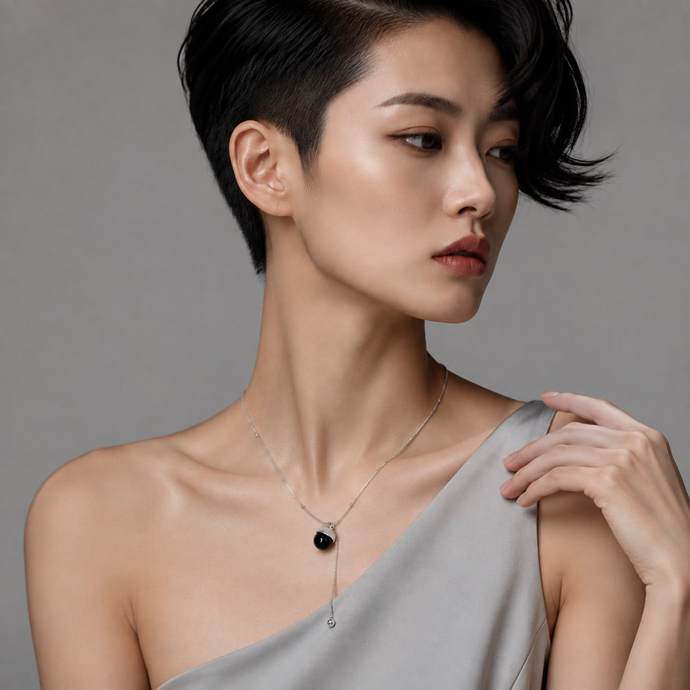 Brushed Metal & Black Onyx Necklace — model view 3