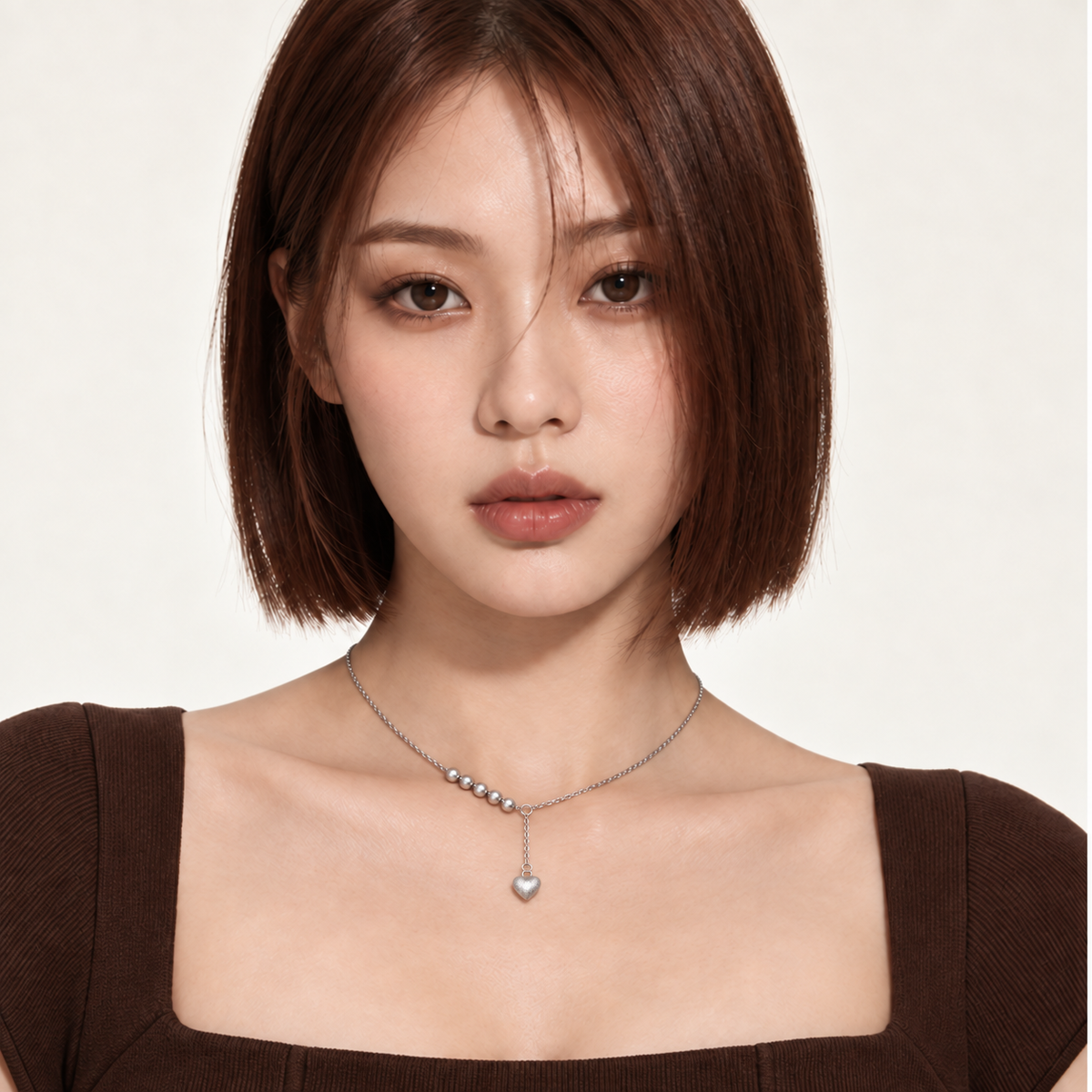 Fine Pause Necklace — silver beads and textured heart on original model