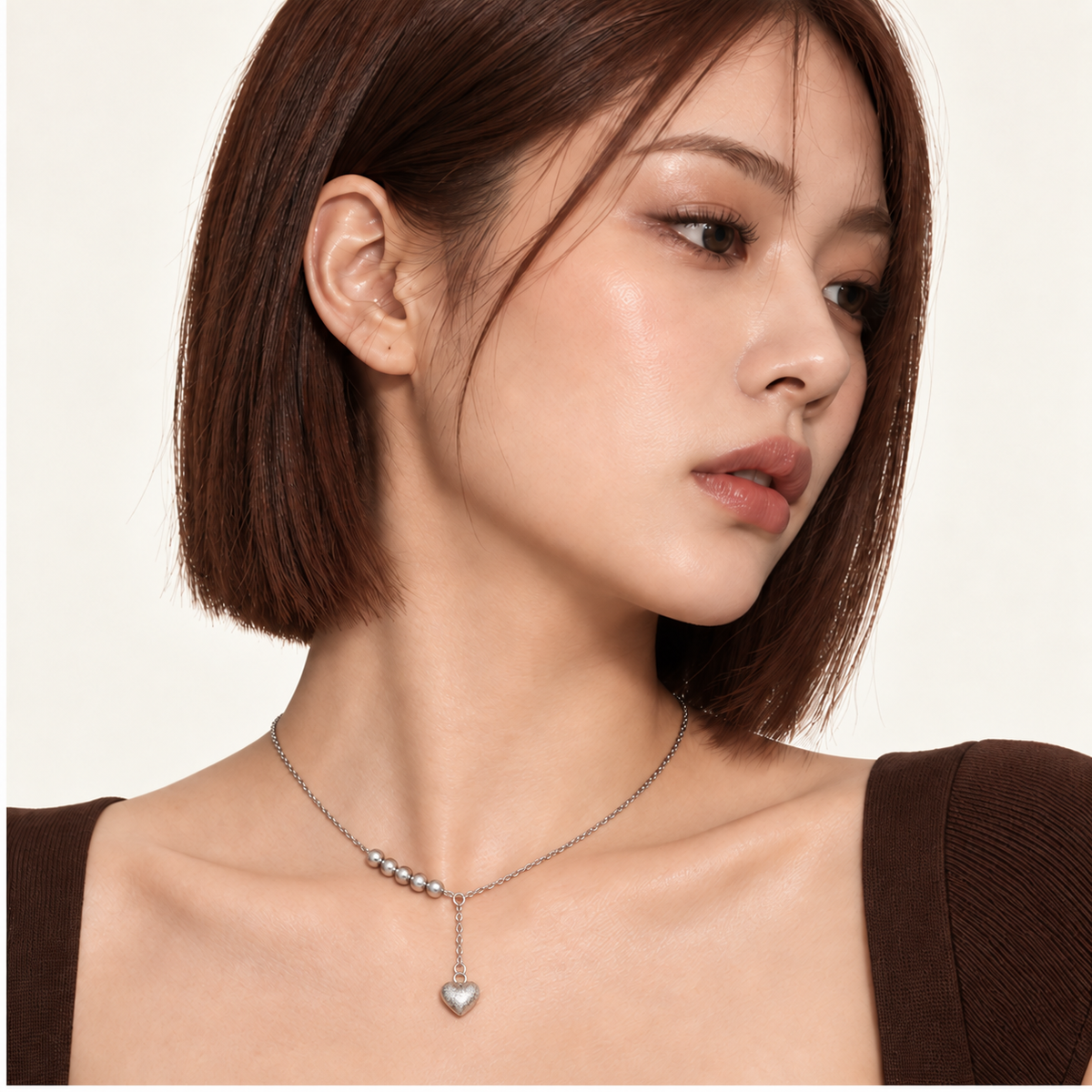 Fine Pause Necklace — silver beads and textured heart on original model