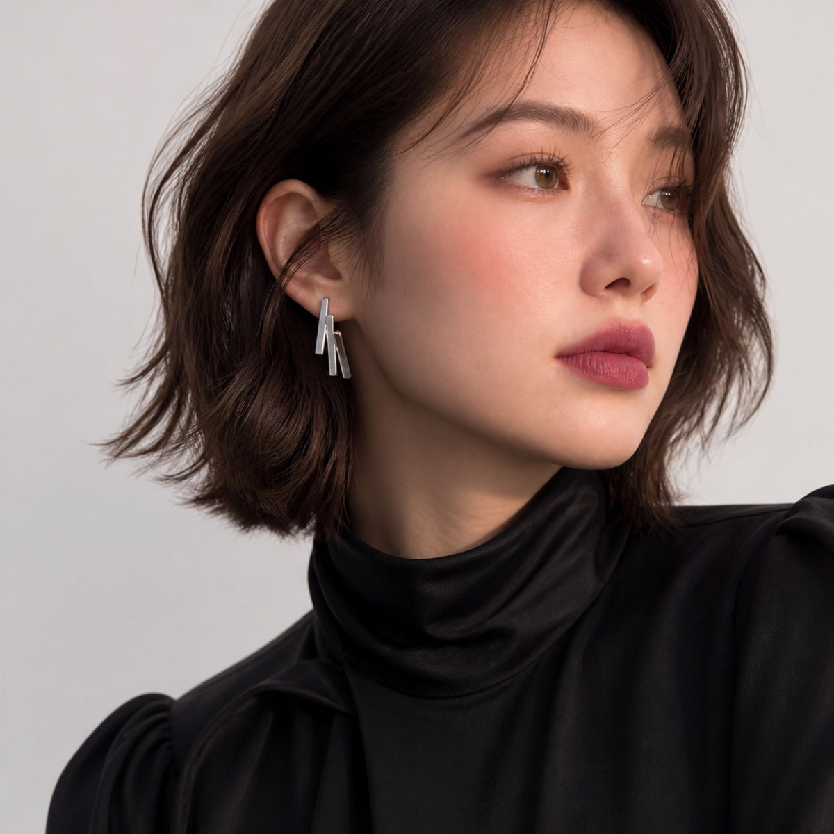 Silver Bar Studs model wearing image two
