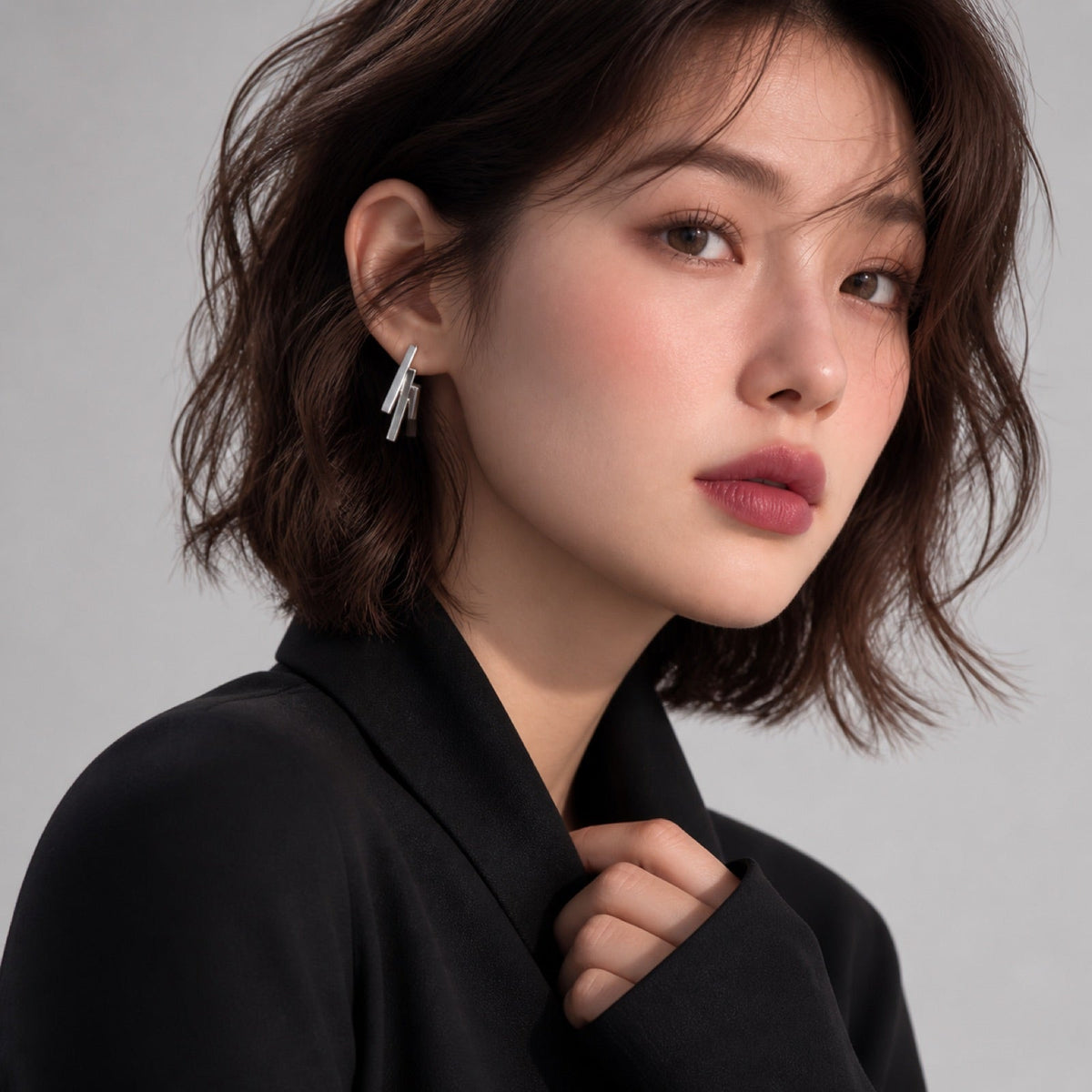 Silver Bar Studs model wearing image three