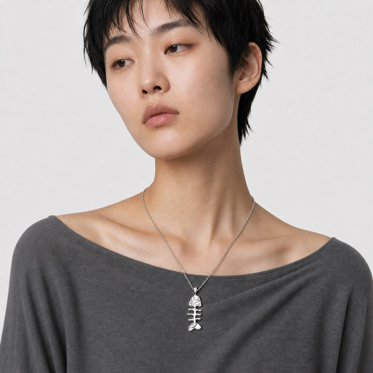 Silver Fishbone Necklace model wearing image two