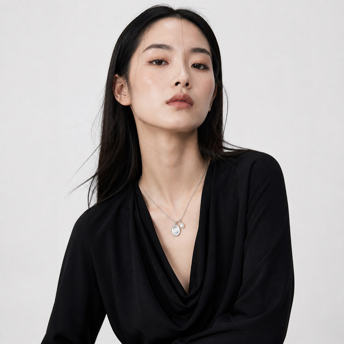 Silver Shell Round Pendant Necklace model wearing image two