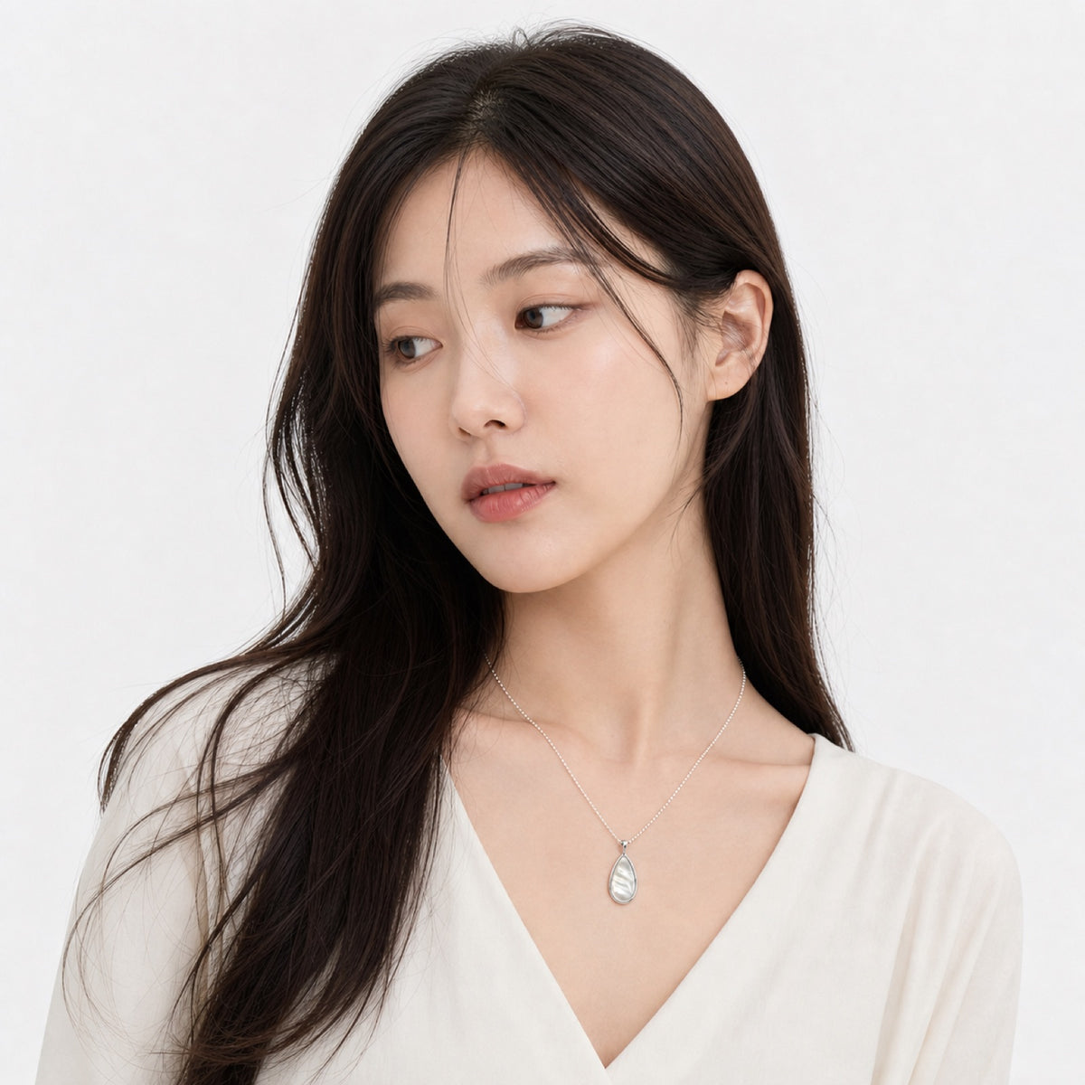 Silver Leaf Drop Necklace model wearing image two