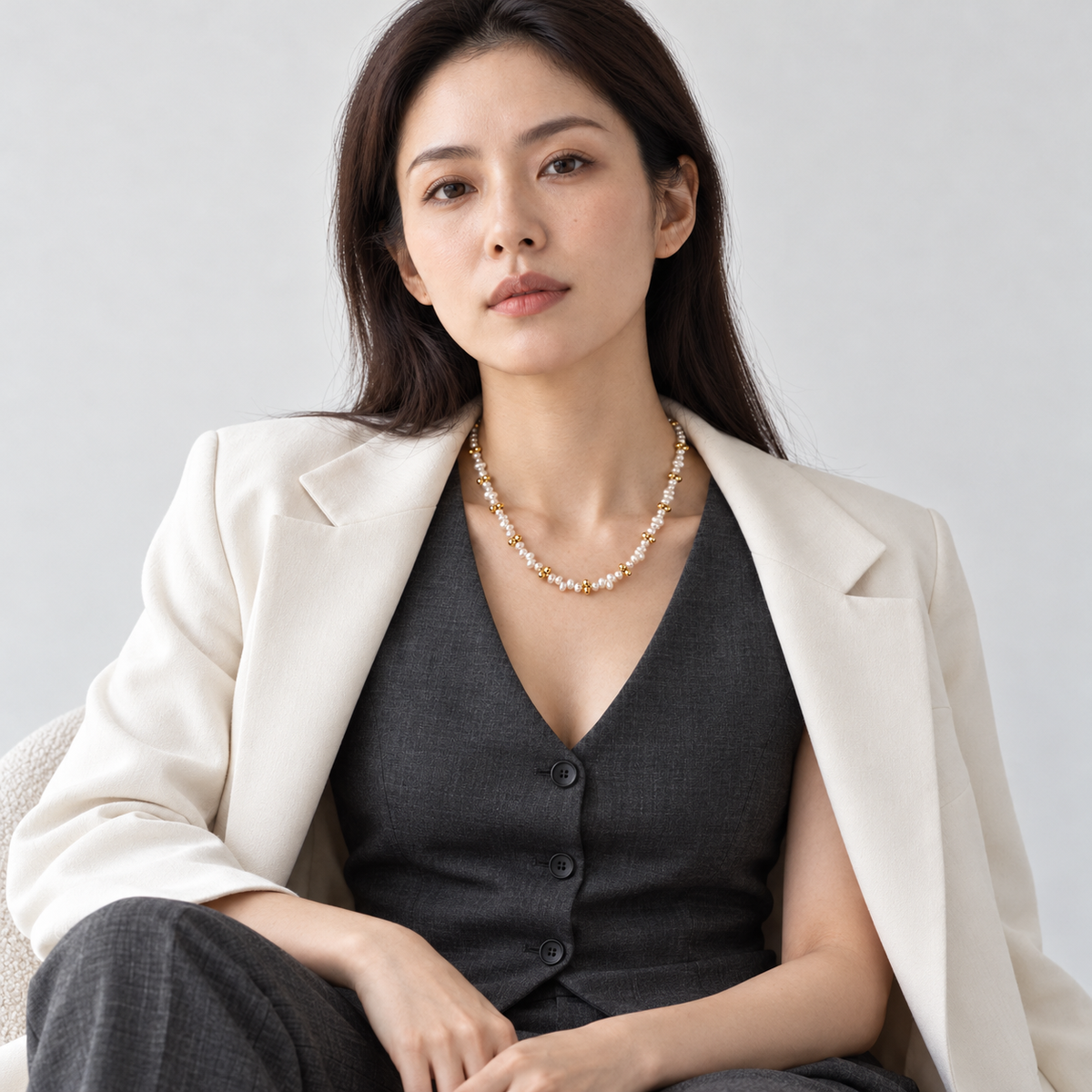 Pearl Beaded Necklace — relaxed half-body portrait