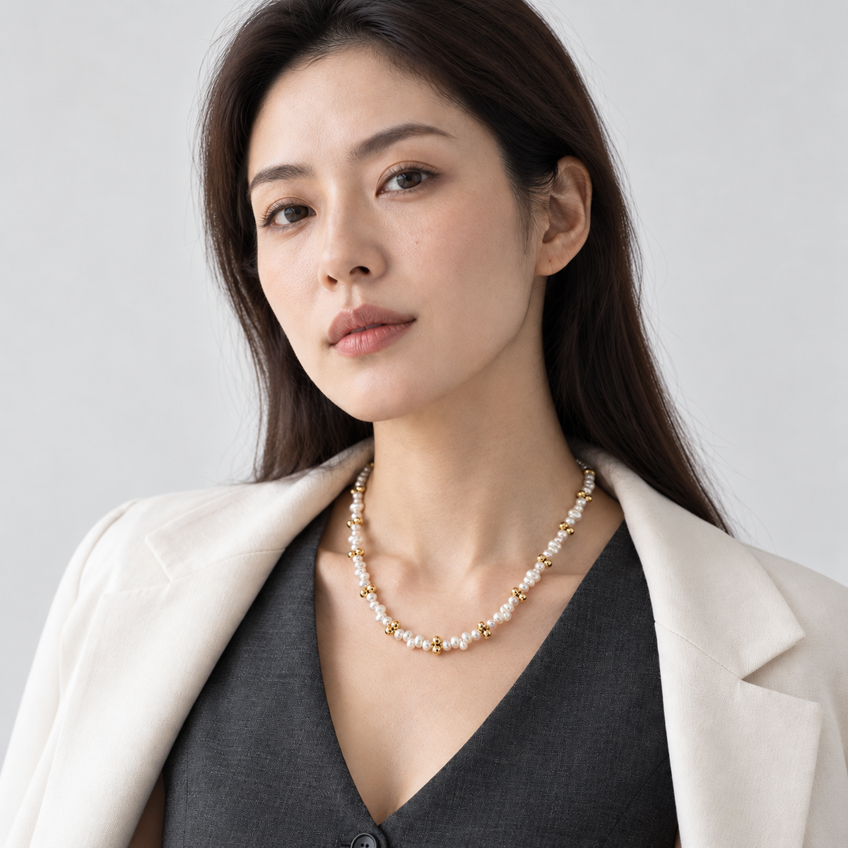 Pearl Beaded Necklace — three-quarter portrait