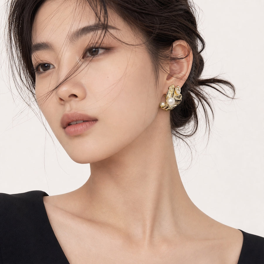 Golden Leaf Pearl Earrings