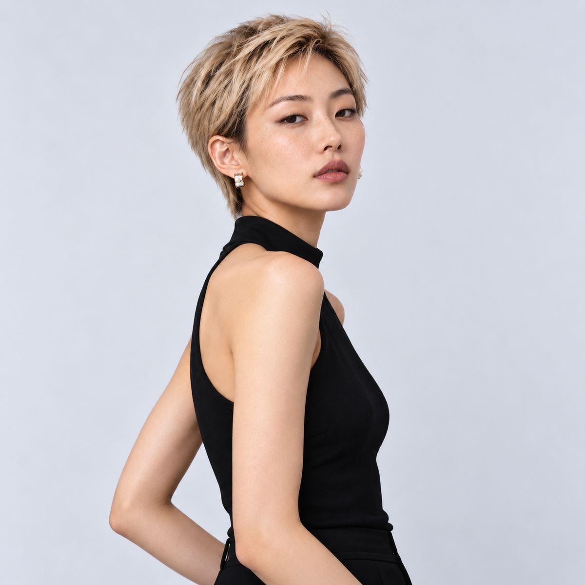 Pearl Fold Hoop Earrings — model editorial