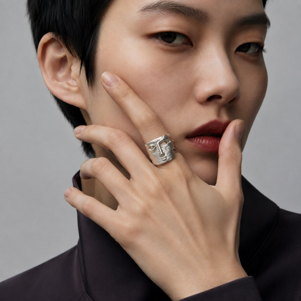 Abstract Mask Open Ring — editorial hand styling