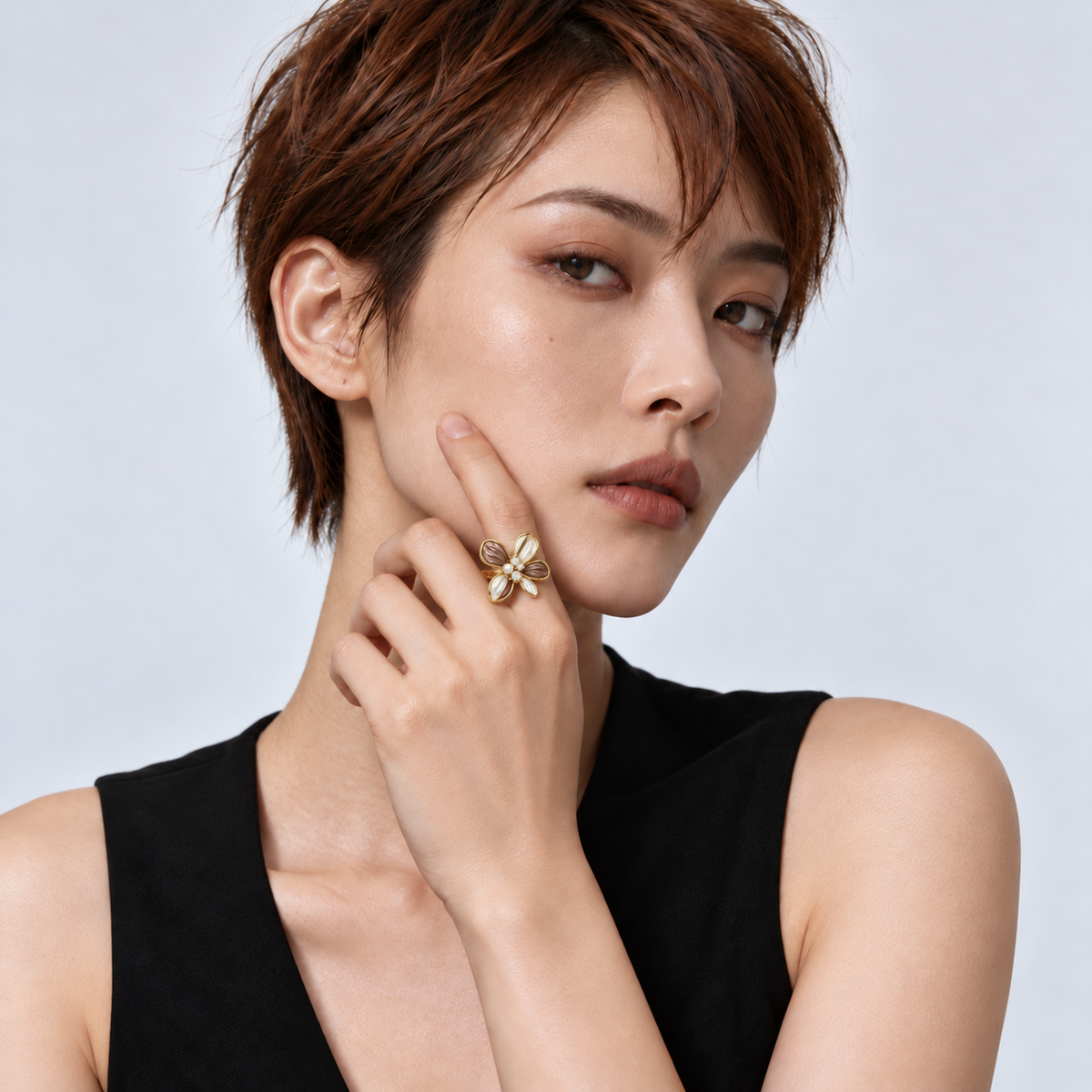 Amber Petal Ring — model portrait with refined ring proportions