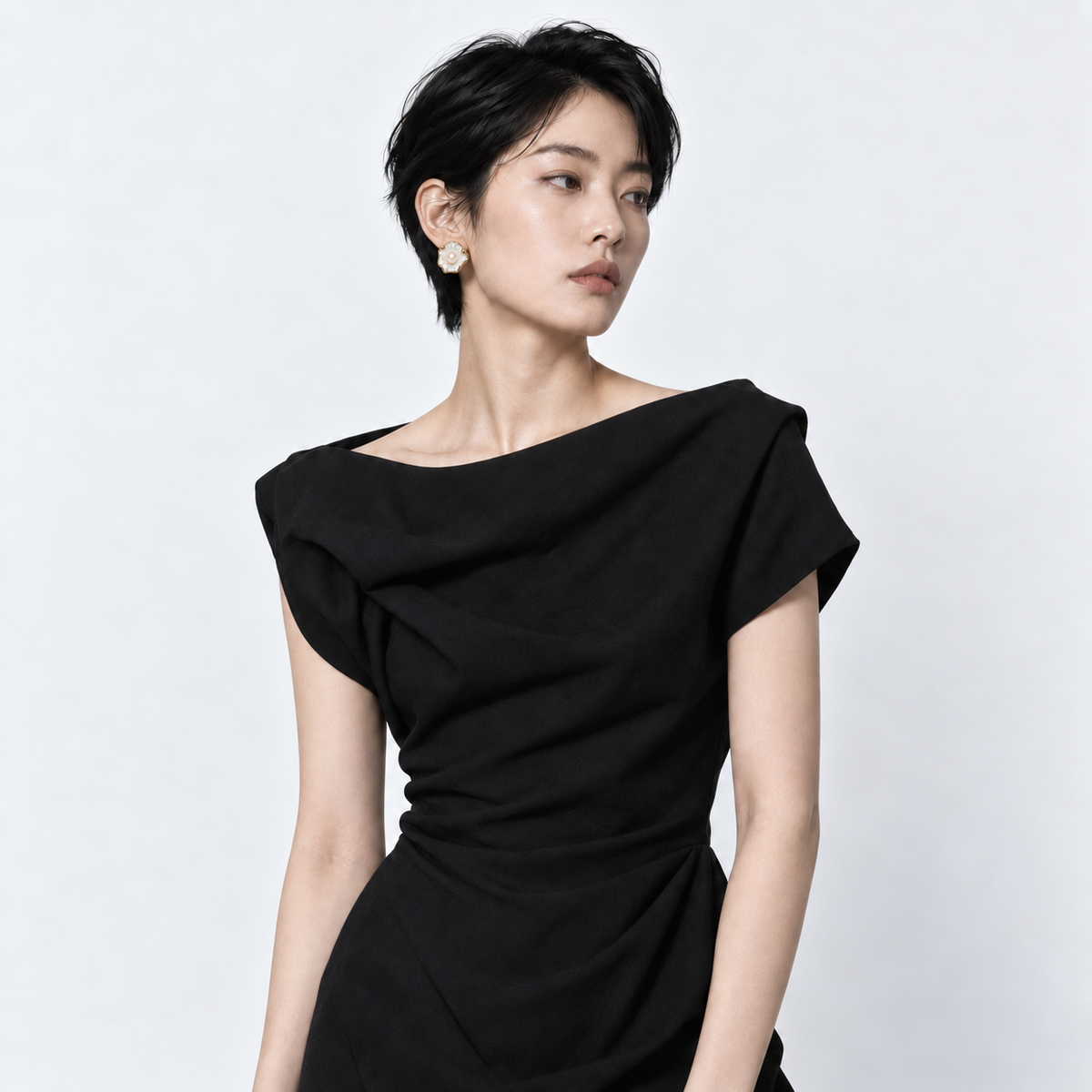 Gilded Leaf Pearl Earrings — corrected model wearing view 2