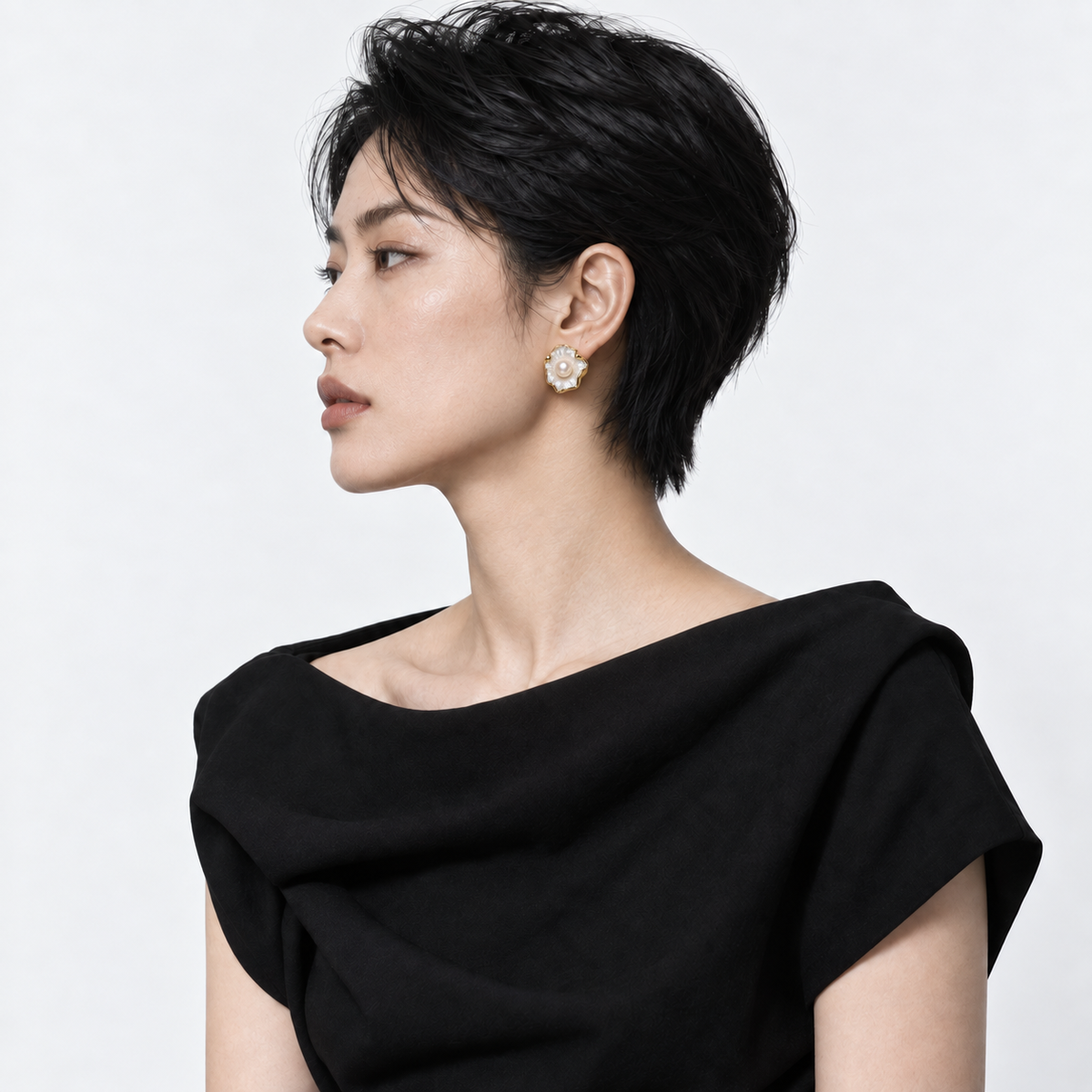 Gilded Leaf Pearl Earrings — corrected model wearing view 3
