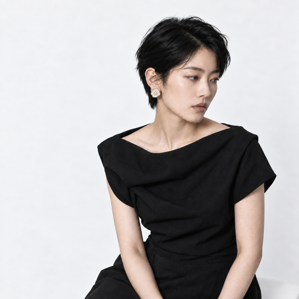 Gilded Leaf Pearl Earrings — corrected model wearing view 4