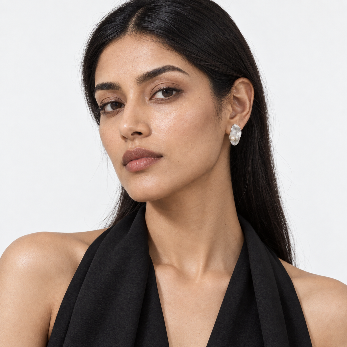 Pearl Oval Studs — model wearing view 1