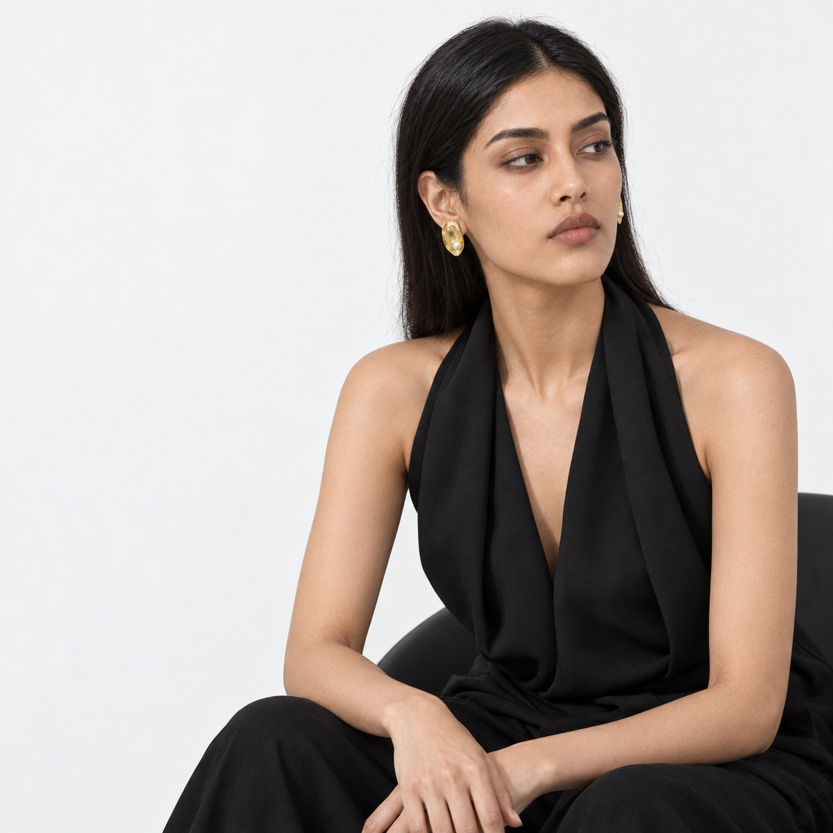 Pearl Oval Studs — model wearing view 4