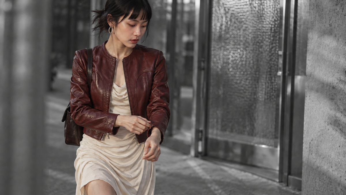 East Asian model in oxblood leather and ivory dress against a monochrome street