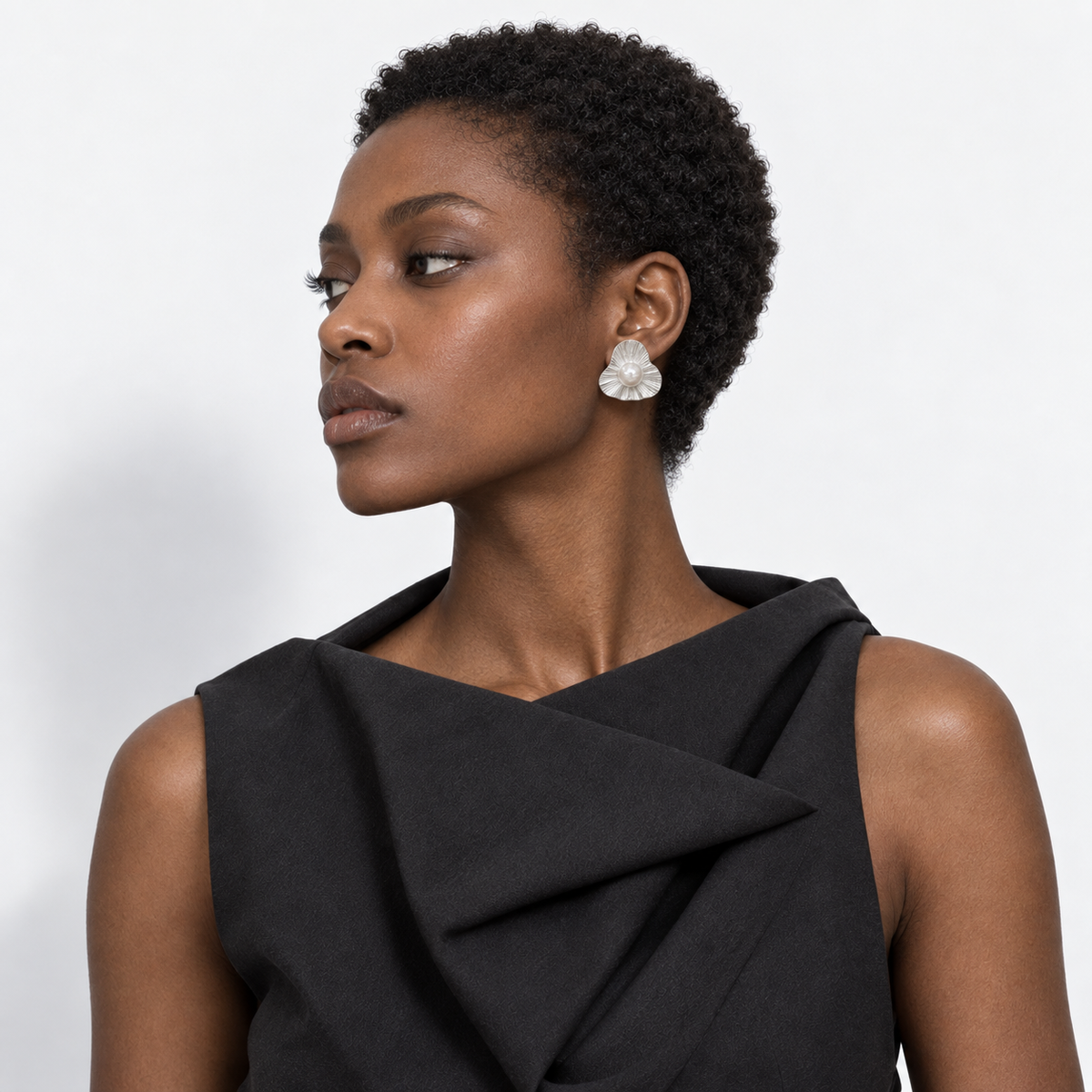 Pearl Fan Earrings — model wearing view 2