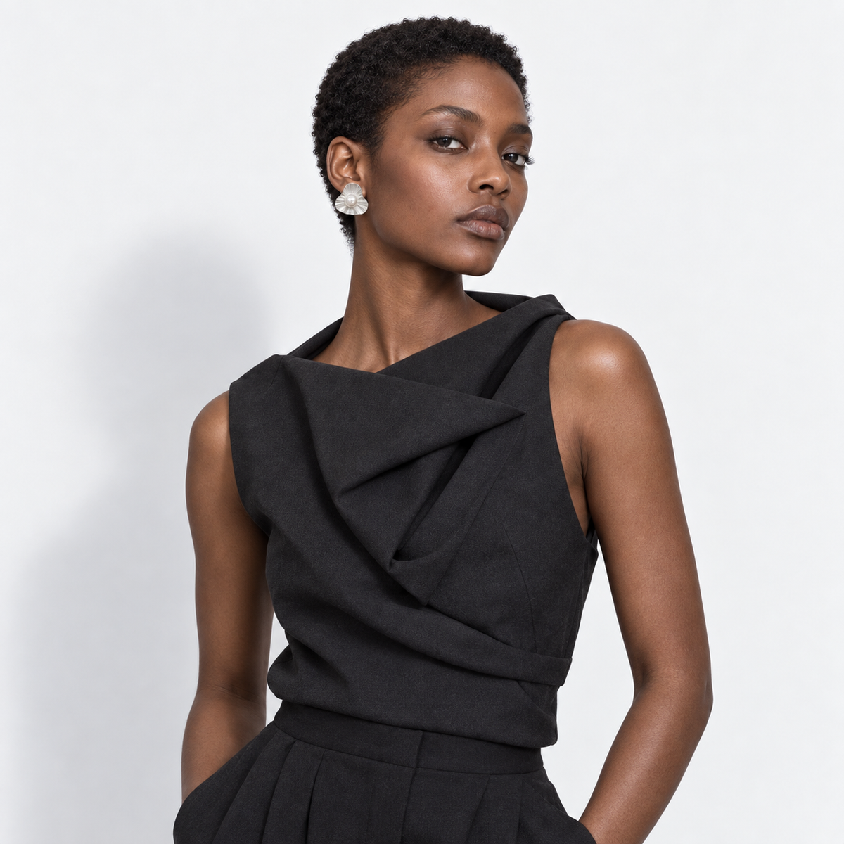 Pearl Fan Earrings — model wearing view 3