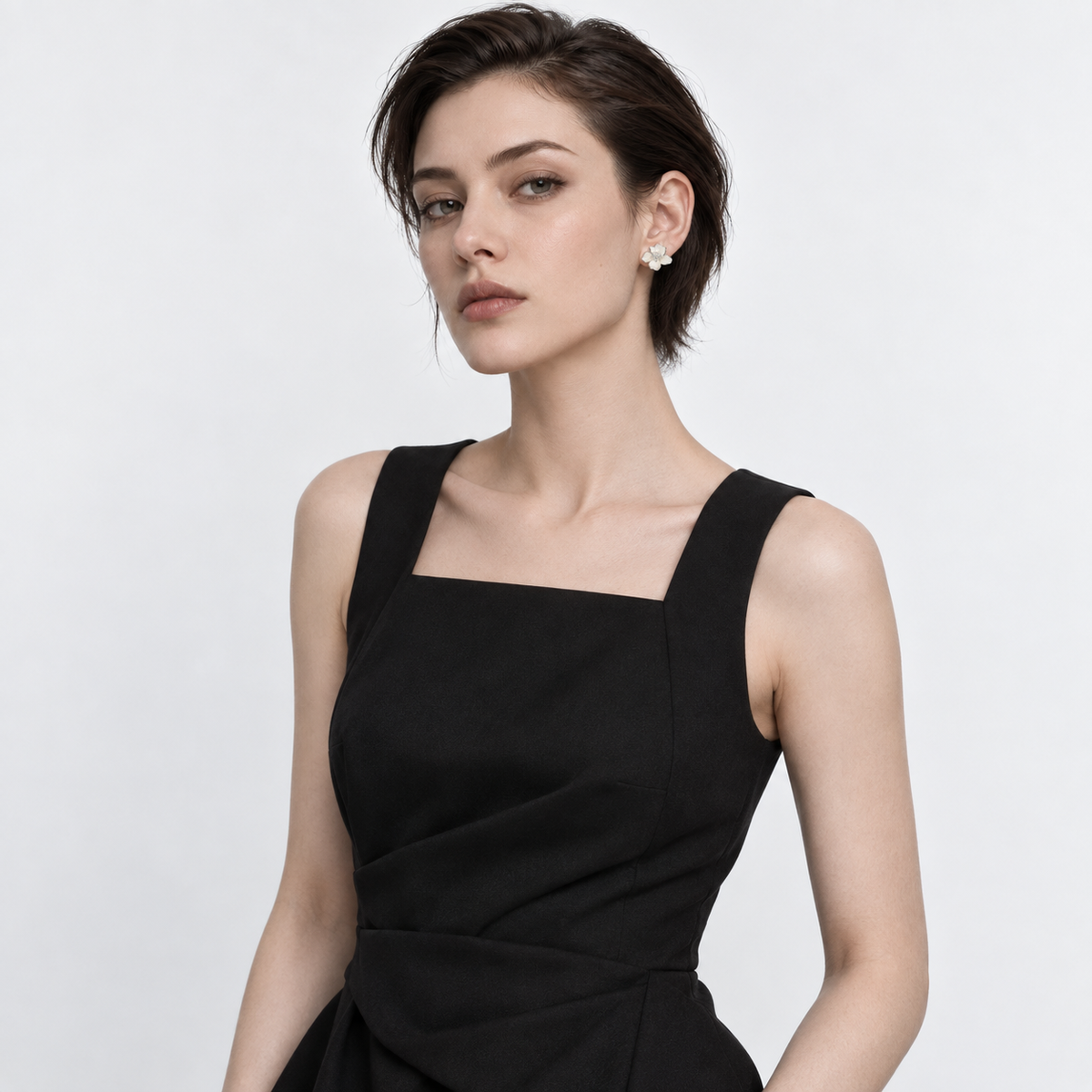 Pearl Veil Flower Studs — model wearing view 3