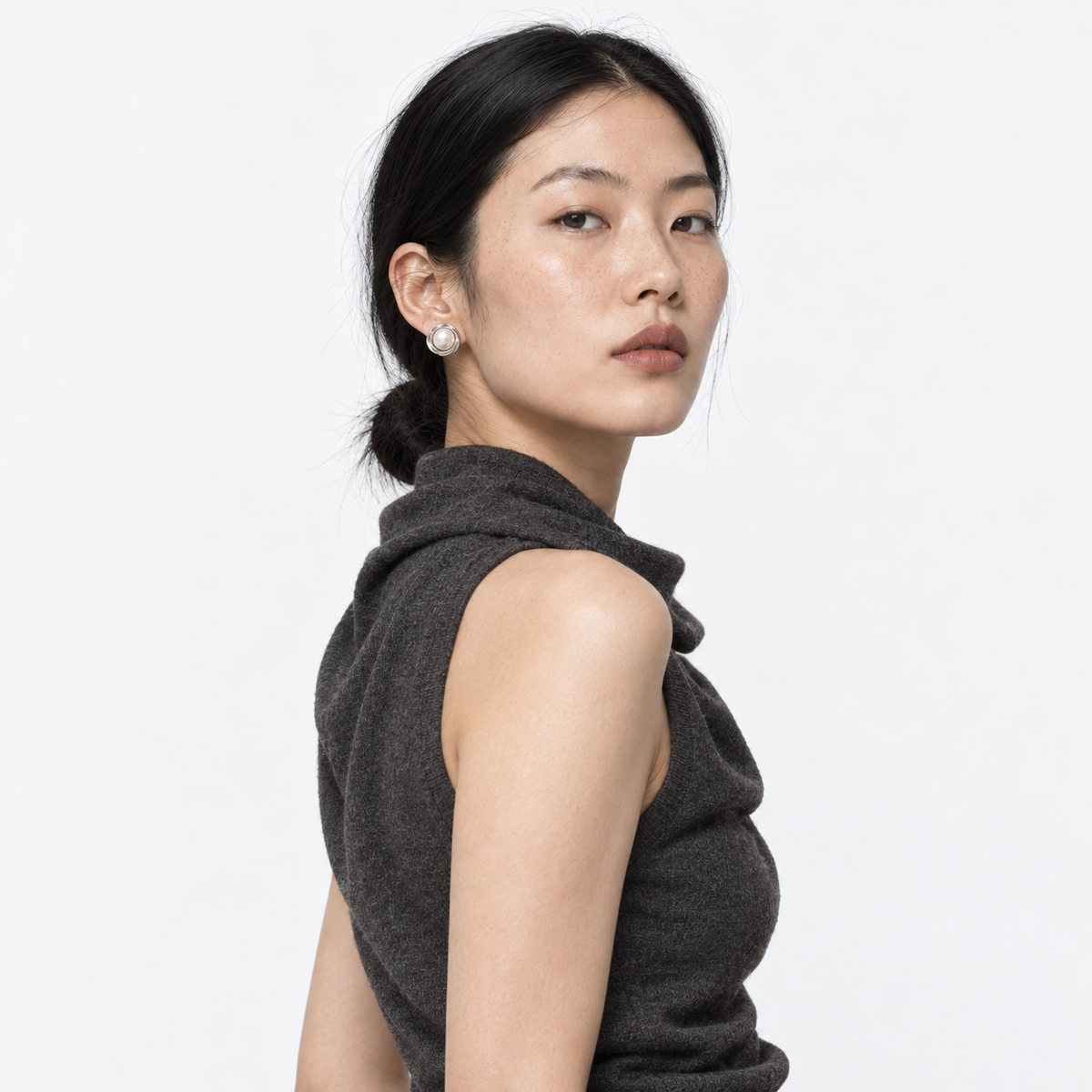 Soft Pearl Button Studs — model wearing view 2